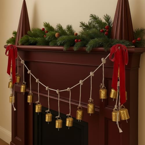 Otoolling 16 Pcs Vintage Gold Christmas Cow Bells Garland Rustic Hanging Christmas Decor for Farmhouse Xmas Metal Cow Decorative Bells Cluster on Rope with Red Bow for Banister Wall Doorway