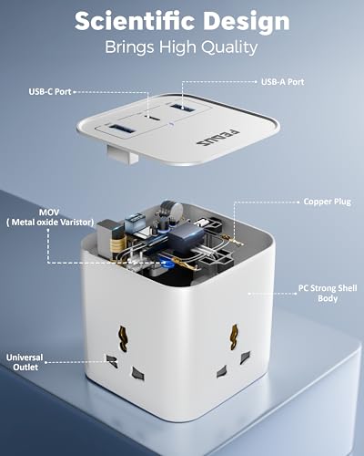 Image of FEDUS Surge Protector, 3 Way Cube Shape Universal Sockets with USB Port Type A & C, 6 Feet Long Cable, Extension Board Cord Overload Protection, Fireproof Power Strip Switch Board, Spike Guard
