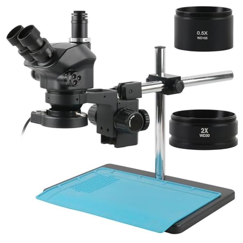 Microscope 7X-50X 3.5X-100X Industry Simul-Focal Trinocular Stereo Microscope Soldering Repair Big Size Metal Adjustable Multi Angle Stand(with 0.5X 2.0X)