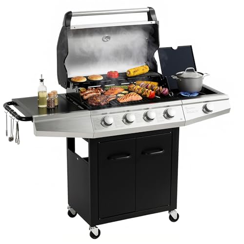 MASTER COOK 4+1 Burners Gas Grill, 518 Sqin Cooking Area, 52,000 BTU Propane Grill with Side Burner, Stainless Steel Cabinet Grill, Black