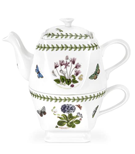 Portmeirion Botanic Garden Square Tea Set - 15oz Teapot & 8oz Teacup with Assorted Floral Motifs - Porcelain Tea Set for Afternoon Tea - Chip-Resistant Glaze, Microwave, Dishwasher, Freezer Safe