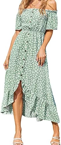 CUPSHE Dress for Women Maxi Dresses Off Shoulder Ditsy Floral Print Short Sleeve Frill A Line Dress, S