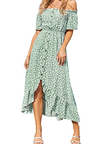 CUPSHE Dress for Women Maxi Dresses Off Shoulder Ditsy Floral Print Short Sleeve Frill A Line Dress, XL