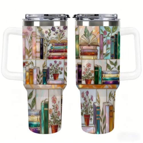 Stained-Glass Book Design 40oz Tumbler, Floral Bookshelf Tumbler, Book Lover Gift, Bookish Cup, Library Cup, Tea Cup, Coffee Mug, Gift for Friends, Kitchen Drinkware, 40oz Retro Bookshelf Tumbler