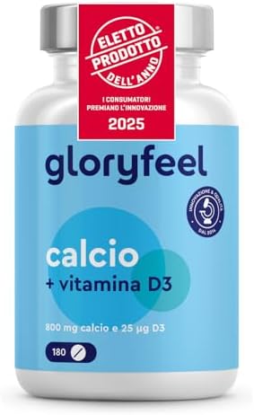 Integratore Calcio e Vitamina D3, 180 Compresse, Eletto PRODOTTO DELL'ANNO 2025, (Scorta per 3 Mesi), Calcio 800 mg e Vitamina D3 25µg, Integratore per il Supporto delle Ossa*, Senza OGM