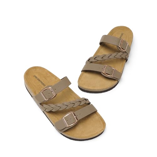 DREAM PAIRS Women's Slides Soft Cork Footbed Sandals Comfortable Walking Slip-on Flat Sandals Arch Support Adjustable Buckle Braided Straps Slippers4
