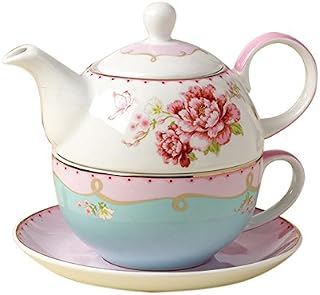 Jusalpha Fine Bone China Teapot for One, Rose Teapot and Saucer Set- Tea