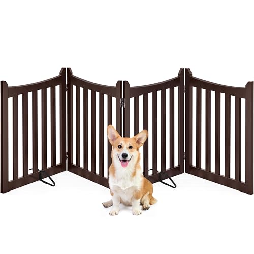 Image of Yaheetech 24in 4-Panel Wooden Freestanding Pet Gate for Indoors Espresso | Dog Fence with 2 Support Feet for Stairs /Doorways /Halls /Kitchen, Foldable for Storage,Easy Assembly,Ideal for Small Pets