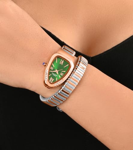 Image of French Connection Eternelle Curve | Green Dial with Rose Gold Case | Flexible Wrap Bracelet Strap | Crystal Accent Design | Roman Numerals Analog Watch for Women - FCN0142NRTM