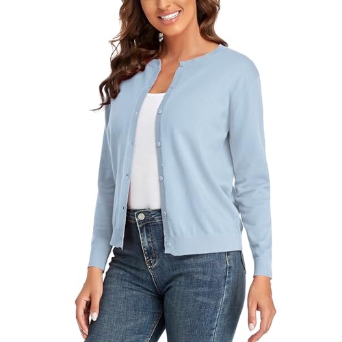 CUNYI Cardigan de Punto para Mujer Rebeca Cuello Redondo Clásico Manga Larga Chaqueta de Mujer con Botones Abrigo Elegante, Azul L