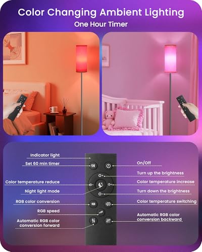 Image of Dimmable Floor Lamp for Living Room with RGB Colors, Color Changing Ambient Lighting, Corner Standing Lamp for Bedroom - Remote, Foot Switch, Timer, Warm Cool White, 10W Smart Bulb Included RE06LD05W1