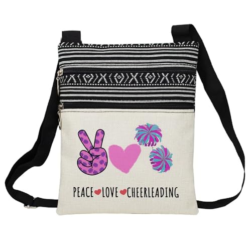 Peace Love Cheerleading Messenger Bag Small Ethnic Pattern Printed Adjustable Strap Crossbody Zipper Bag Phone Bag Wallet Cute Shoulder Handbag for Women Chherleaders Teammates