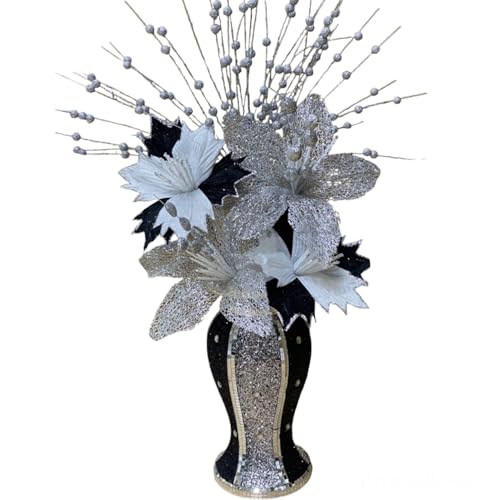 Image of Silver Petals - Black Silver Vase With Black Silver Flowers Mosaic Crushed Crystal Romany Bling 30cms