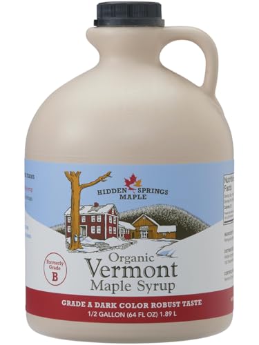 Hidden Springs Organic Vermont Maple Syrup, Grade A Dark Robust (Formerly Grade B), 64 oz, 1 Half gallon, Family Farms, BPA-free Jug