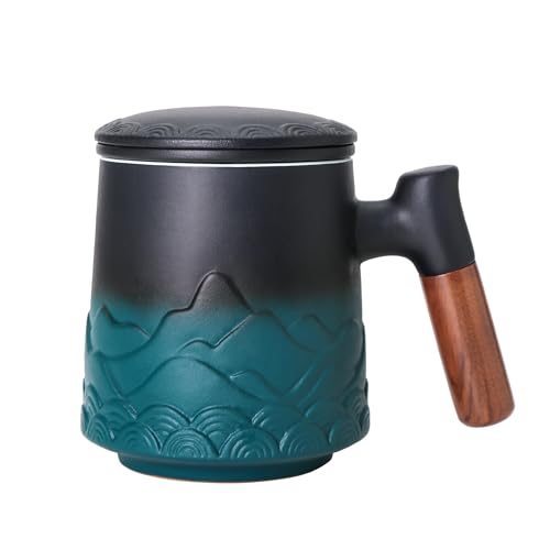 Zenoza 500 ml Tazza Tisana con Coperchio – Tazza con Infusore in Ceramica, Tazze per Tisane Ceramica con Maniglia in Legno – Regalo Amante del Tè, Verde Elegante