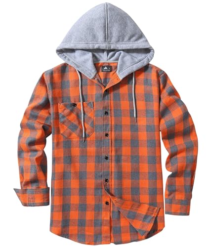 ZITY Men's Flannel Hoodie Shirts Casual Button Down Plaid Shirt Jackets for Men Long Sleeve Stylish Hooded with Pocket Orange Grey X-Large - Image 3
