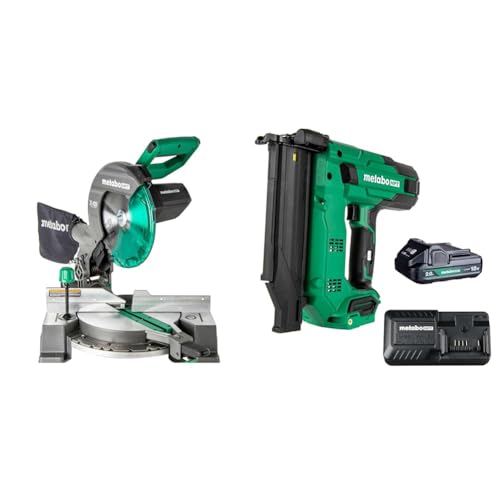 Image of Bundle of Metabo HPT 10-Inch Single Bevel Compound Miter Saw, C10FCG2 + Metabo HPT 18V MultiVolt Compact Cordless Brad Nailer Kit, 18 Gauge Nailer with Power Tool 2.0Ah Lithium Ion Battery, NT1850DG