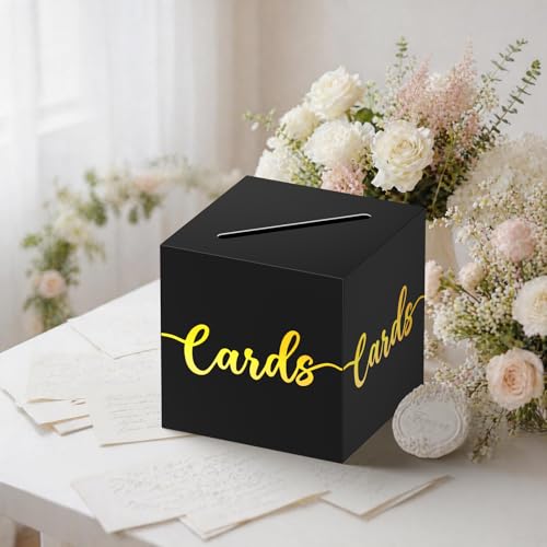 Image of OLANRUN Gift Card Box, 9 inch Graduation Gold Foil Card Box, Black and Gold Party Decorations for Wedding, Birthday, Baby & Bridal Shower, Anniversary, Retirement