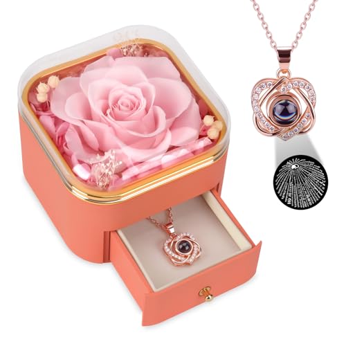 Caintima Eternal Pink Rose with I Love You in 100 Languages Necklace Non-Fading Preserved Real Rose Gift Set Birthday Gifts for Couples Flowers Gifts for Wife Girlfriend Mom