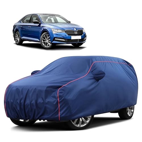 Image of Sulfar 100% Water Resistant Car Body Cover Compatible with Mirror for Skoda Superb (Triple Stitched, Full Bottom Elastic, Blue Taffeta with Red Piping)