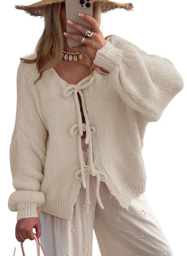 Women's Fall Cute Tie Knot Cardigan Sweater Oversized Crewneck Chunky Knitted Coatigan Coat Tops