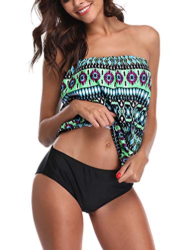 Chenghe Women Blouson Tankini Top High Waist Moderate Bottom Two Piece Swimsuit Green US 14-16 / XL