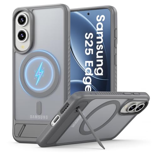 Image of Frosted Slim Matte Military Grade Drop Protection Frosted Lightweight Case Cover Compatible with Samsung Galaxy S25 Edge 5G (2025) (Grey with Stand)