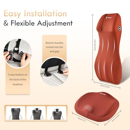 Image of FLORICH Memory Foam Car Seat Cushion and Integrated Neck Pillow Lumbar Support Ergonomic Seat Cushion Breathable Back Support Headrest for Truck Driver Long Driving Sciatica Tailbone Pain Relief, Red