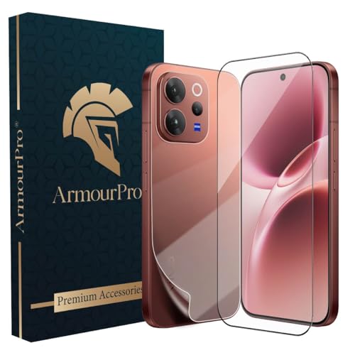 Image of ArmourPro Tempered Glass for Vivo V70 Elite with Back Clear Membrane Guard, Edge to Edge Screen Protector, Anti-Bubble, Anti-Fingerprint, Oil Resistant, Installation Kit | Black