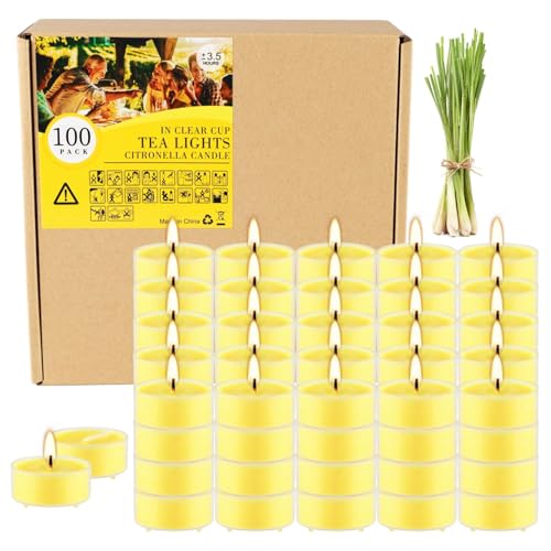 Image of 3.5-Hour 100Pack Yellow Tealight Candles, Outdoor and Indoor Summer Scented Candle,Natural Soy Wax Candle for Home Patio Garden Yard Balcony,BBQ Birthday Emergency