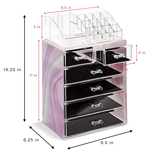 Image of Sorbus Acrylic Makeup Organizer Set, 6-Drawer Vanity & Countertop Cosmetic Storage with Small & Wide Compartments, Tie Dye Makeup Storage for Brushes, Jewelry - Holiday Gift for Women & Teens