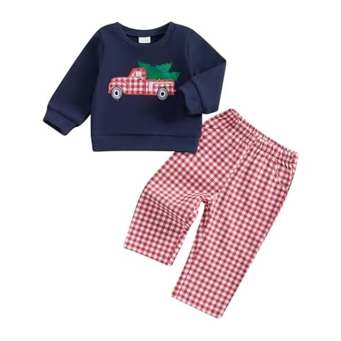 Arvbitana Toddler Baby Boy Girl Long Sleeve Christmas Pullover Sweatshirt Plaid Pants Two Piece Outfits Fall Winter Clothes (B-Navy blue, 2-3T) Cover