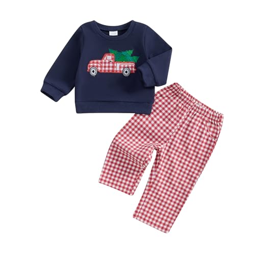 Lenjindjer Toddler Baby Boys Christmas Outfits Santa Truck Print Long Sleeve Sweatshirts Plaid Long Pants 2Pcs Fall Clothes (Navy Blue, 2-3 Years)