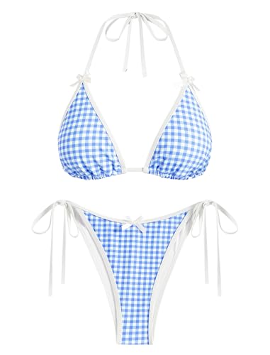 Image of ZAFUL Bikini Sets for Women Halter Bow Decor Tiny Floral Gingham Print Swimsuit Tie Side 2 Pieces Bathing Suit (2-a-Sky Blue, M)