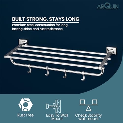 Image of ARQUIN 304 Stainless Steel Towel Rack Towel Holder in Bathroom | Towel Holder | Bathroom Towel Hanger for Wall | Towel Rack | Bathroom Accessories Set 24 Inch Chrome Finish (Vento)