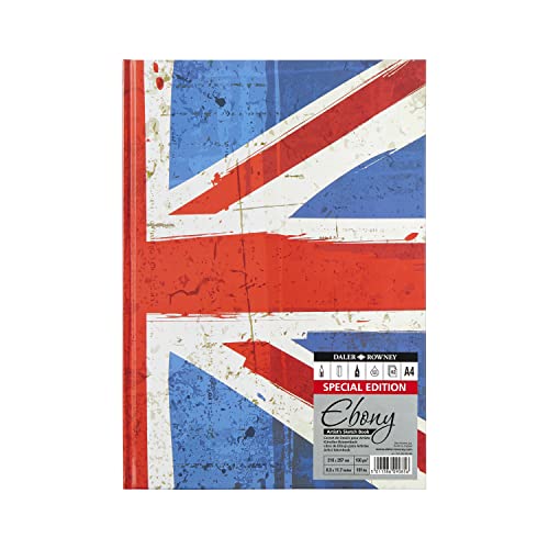 Daler-Rowney Ebony Union Jack Cover, Lightly Textured 150gsm A4 Hardbound Portrait Sketchbook, 62 Natural White Sheets