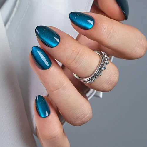 Image of CurvLife Short Oval Press On Nails, Blue, Blue Cat, Soft Gel