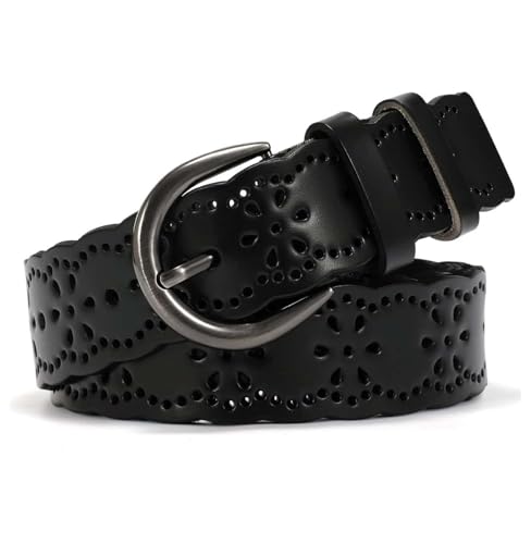 Women's Hollow Flower Leather Belt - Black Adjustable Waist Belt for Jeans, Dresses, Pants - Gift Box Included2