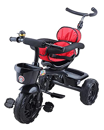 JoyRide Baby and Kid's Tricycle with Adjustable Parental Handle, Detachable Guardrail, Harness, Folding Footrest, Bearing Folding Push N Play Wheels, Dual Basket for 1 2 3 Years Old- Red, Black - Image 2