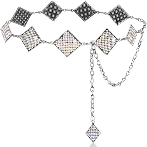 Bling Rhinestone Concho Belt for Women Dazzled Chain Belt Silver Rhombus Western Sparkly Crystal Belt for Dress