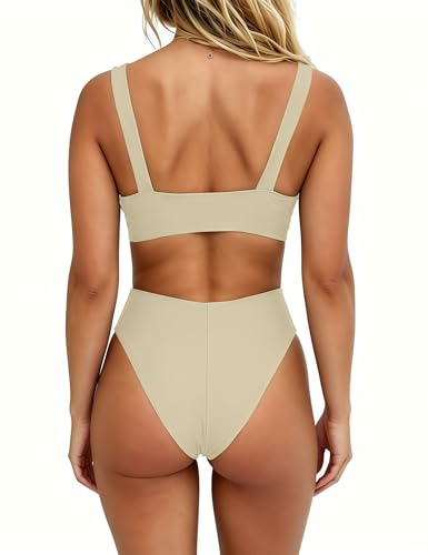 Image of geluboao Bikini Set for Women Solid V Neck Knot Front Push Up High Leg Thong Two Piece Swimsuit