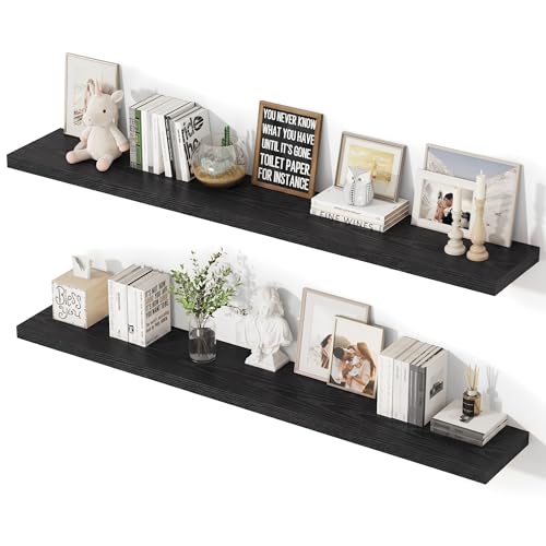 Image of 55 Inch Floating Shelves, 12 Inch Deep Floating Shelves for Wall, Extra Deeper & Thicker Wooden Wall Shelf with Invisible Brackets, Shelf for Bedroom Living Room Home Decor（Black, Set of 2）