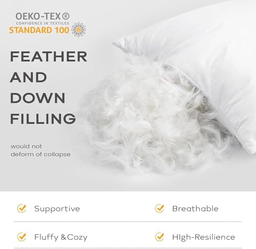 Image of SAVORI Set of 2 Down and Feather Throw Pillow Inserts 12x12 Soft Fluffy Pillow Inserts with 100% Down-Proof Cotton Cover, Decorative Square Cushion Inner for Sofa Couch Bed-White