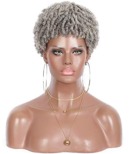 Kalyss 8” Short Braided Out Deep Afro Kinky Curly Wigs for Black Women Japan-made Synthetic Soft Natural Looking Mixed Grey Afro Curly Full Wigs