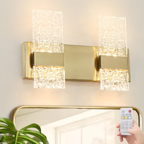 Image of Modern Polished Gold 2 Lights Bathroom Vanity Light, Eleglant LED Bathroom Light Fixtures Over Mirror, Dimmable Acrylic Shade Wall Lighting Fixtures, Hardwired Wall Light(H9.25in, L13.78in)