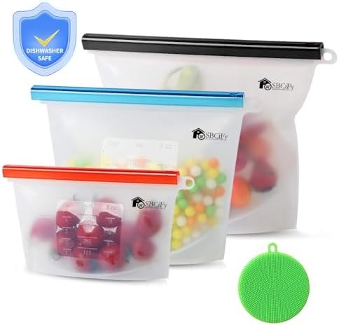 Reusable Freezer Bags, Kitchen Storage, Reusable Sandwich Bags, 100% Food Grade Silicone Food Storage Bags, Snack Bag, Tubberwares, Gallon Bags (1Large 1Medium 1Small) + 1 Dishwasher As Bonus