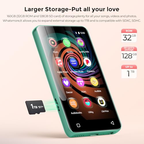 Image of 160GB MP3 Player with Bluetooth and WiFi, innioasis Music Player with Spotify,Pandora,Amazon Music,4 inch Touch Screen Android MP4 MP3 Player for Kids with Libby,Audible,Spotify Kids (White+ Green)