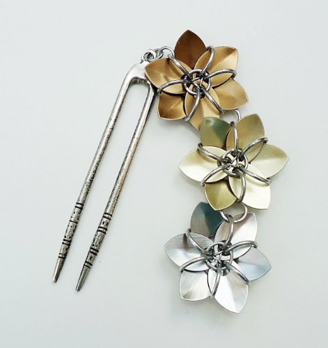 Antiqued Silver Hair Fork - Bronze, Gold, and Silver Flowers