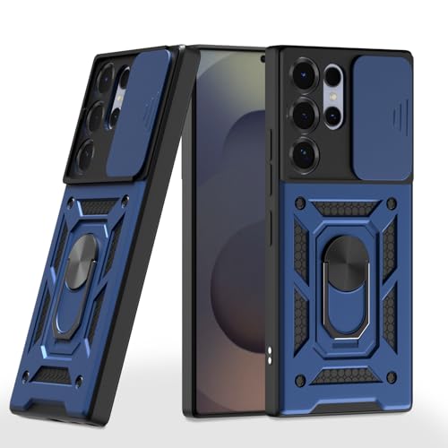 Image of Pikkme Back Cover for Samsung Galaxy S25 Ultra 5G | 360 Protection Case | Sliding Camera Shield Cover & Ring Holder Stand D10 Tough Armor Bumper Case (Blue)