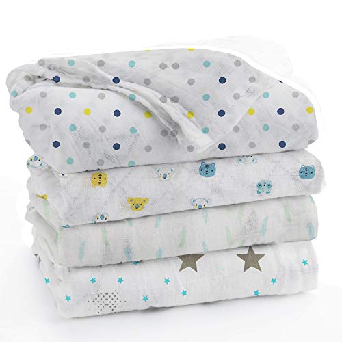 Image of swaddle wrap blanket for new born baby Pure Cotton Muslin Baby Swaddle Blanket, Swaddle for Newborn Baby Super Soft Cotton Receiving Wrapper Cloth, Stroller Cover-Pack Of 4 With Size 120X100 CM - Multi Prints